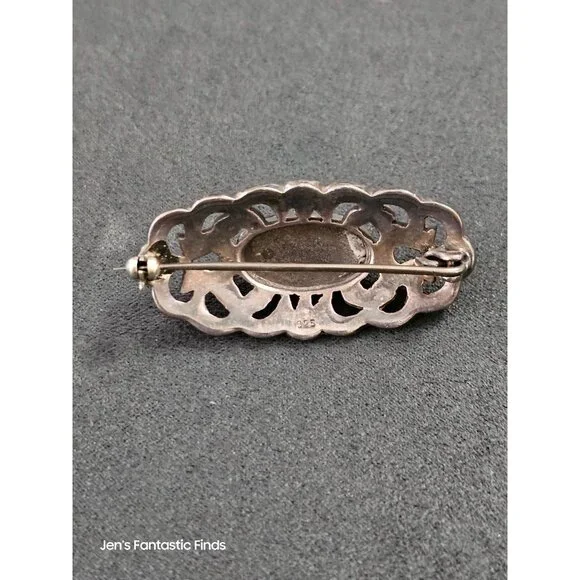 Antique Sterling Silver & Marcasite Brooch‎ With Black Onyx Stone